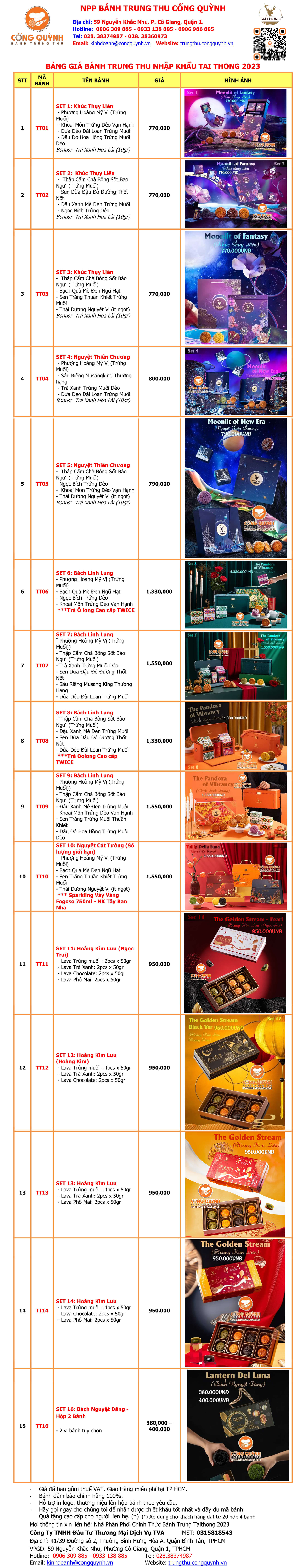 Bảng giá bánh trung thu Tai Thong 2023